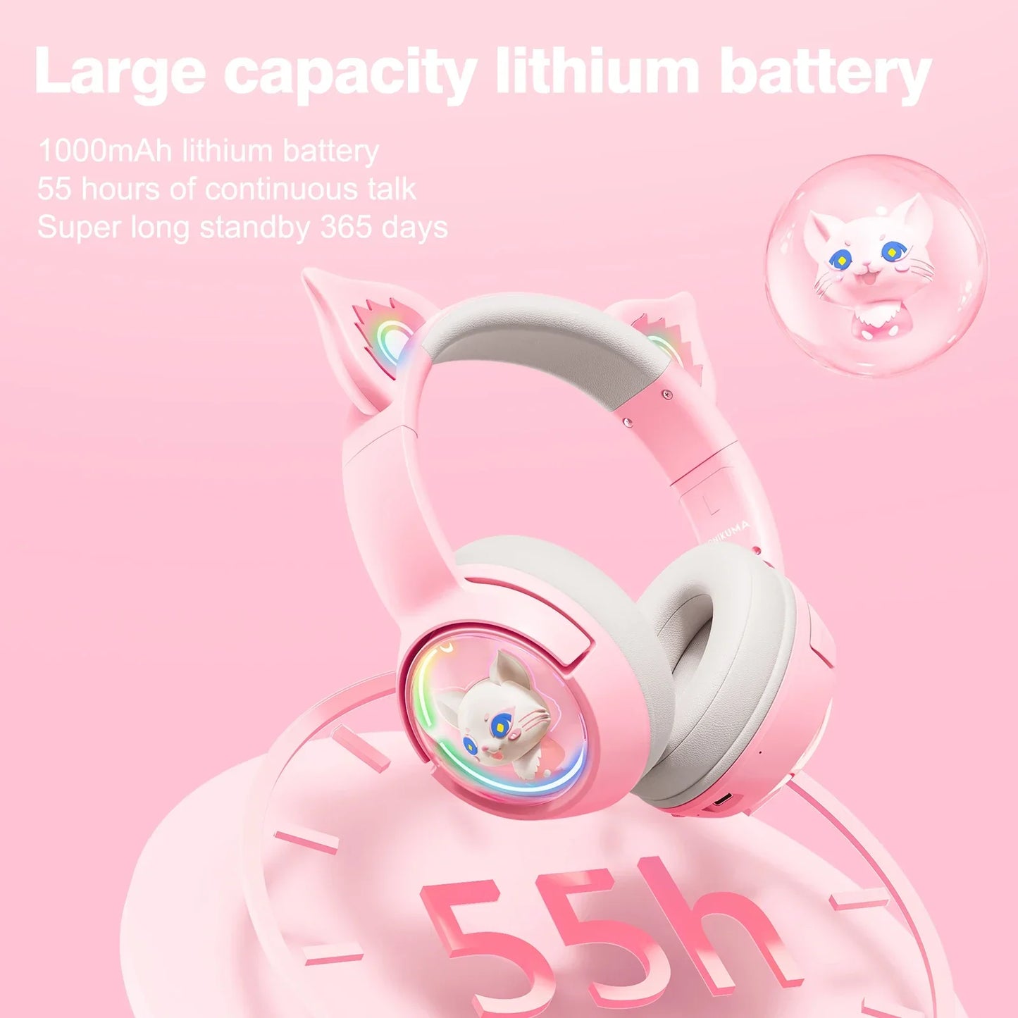 Pink onikuma b5 wireless cat ears surround sound music gamer headphone with white accents and colorful led earcup lights