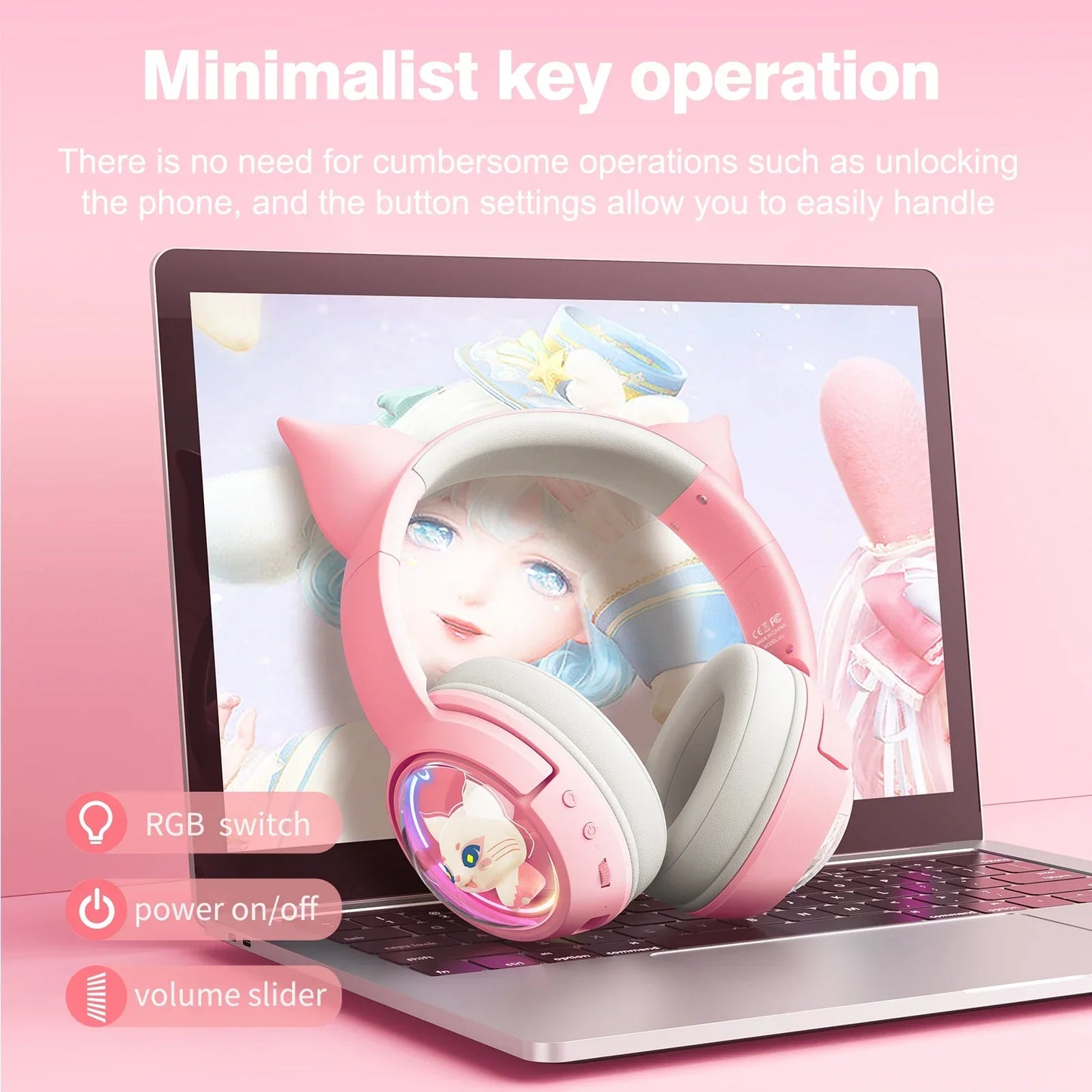 Pink onikuma b5 wireless cat ears surround music gamer headphone with soft gray earcups and rgb lighting headband