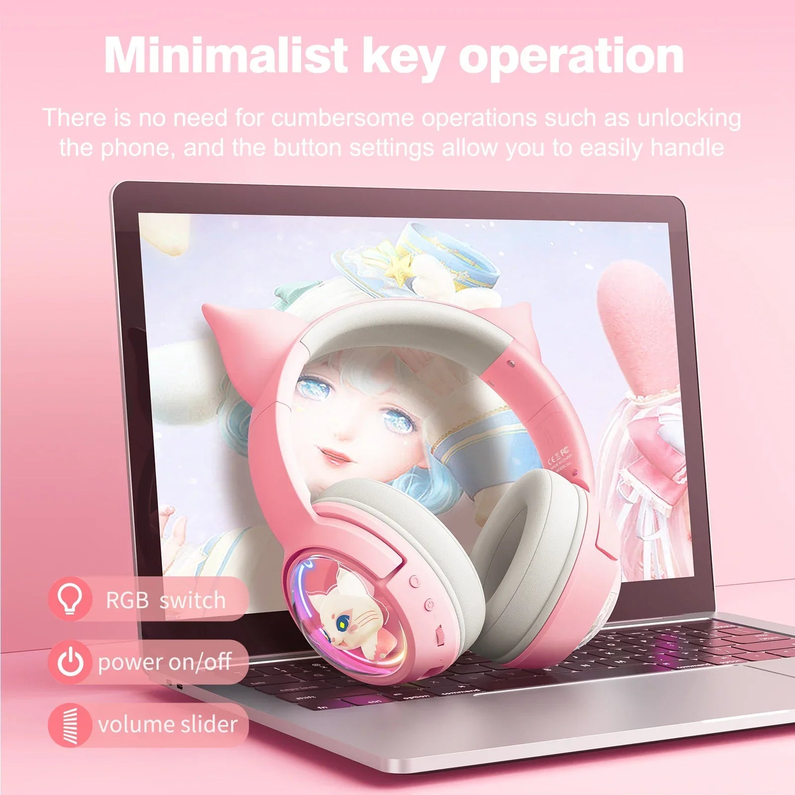 Pink onikuma b5 wireless cat ears surround music gamer headphone with soft gray earcups and rgb lighting headband