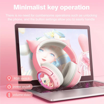 Pink onikuma b5 wireless cat ears surround music gamer headphone with soft gray earcups and rgb lighting headband