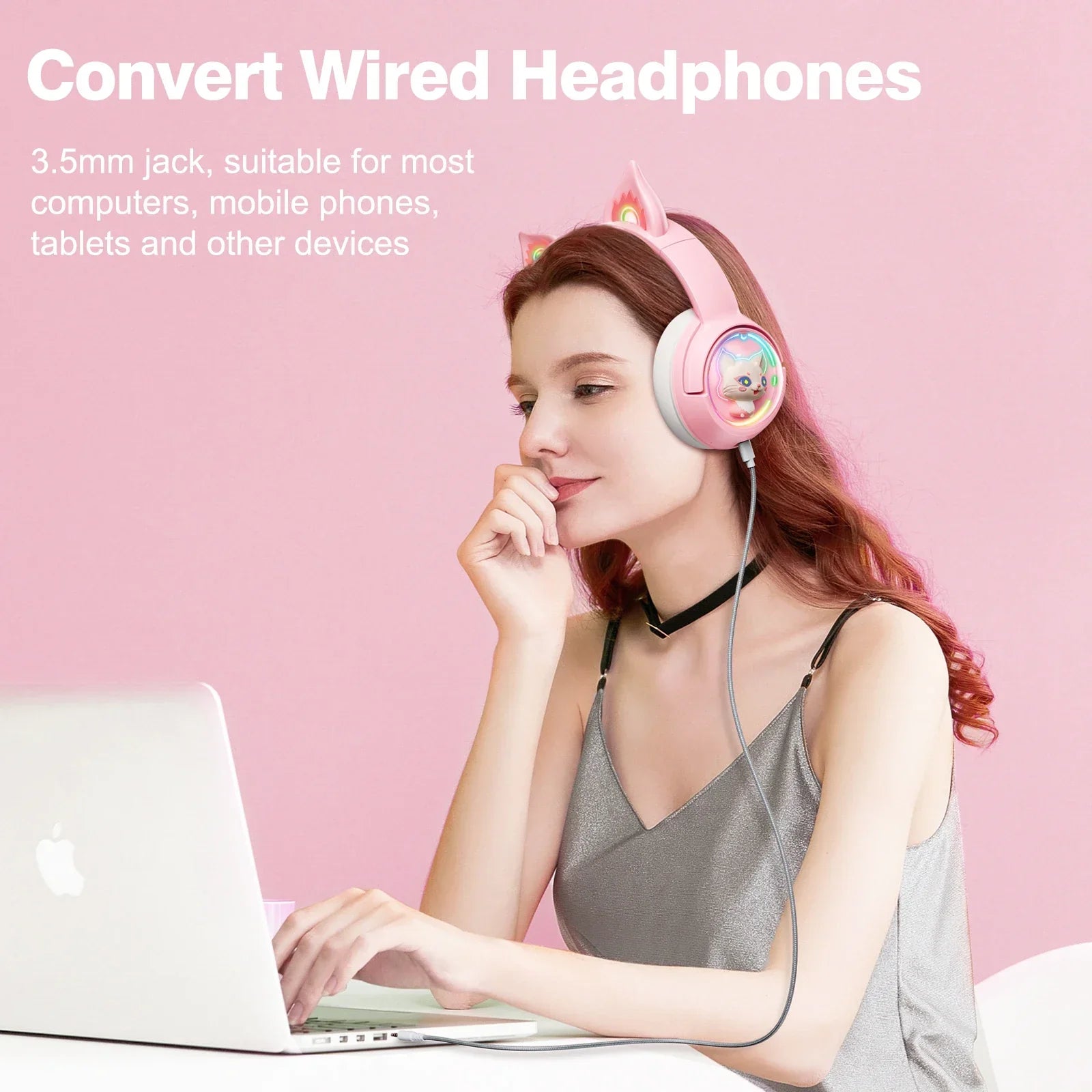 Pink onikuma b5 wireless cat ears surround music gamer headphone with wired 3.5mm jack for pc and laptop use