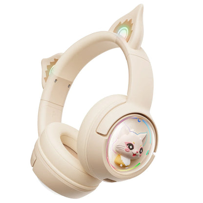 Cream-colored onikuma b5 wireless cat ears surround headphone with glowing kitten design for music gamer headphone use