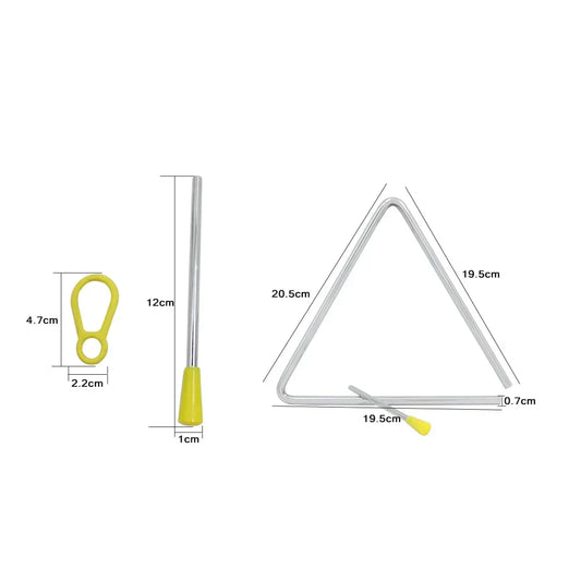 Silver triangular metal triangle with yellow plastic mallets and loop for children music enlightenment percussion instrument