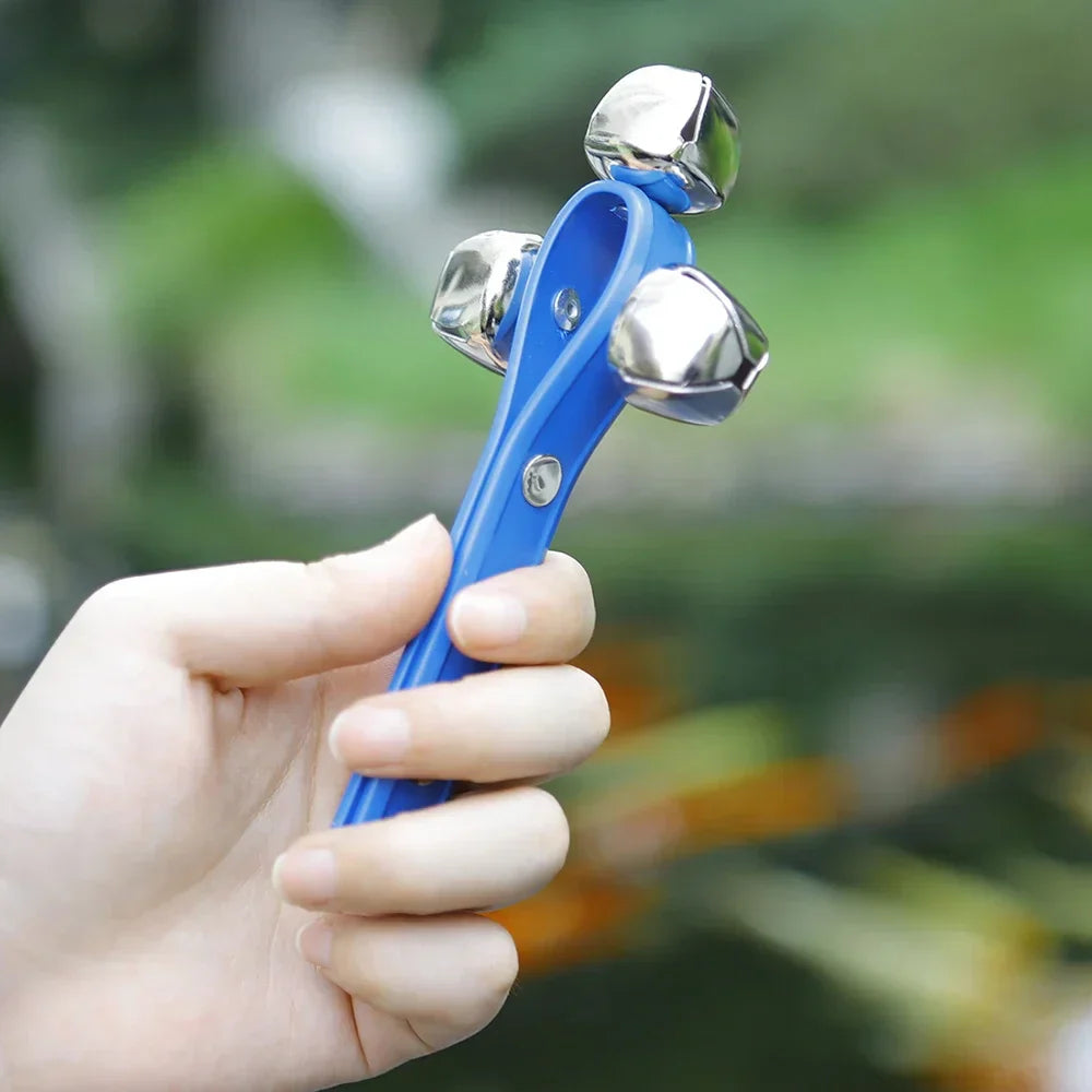 Blue plastic handle rattle bell tambourine with three shiny silver bells for percussion and party use