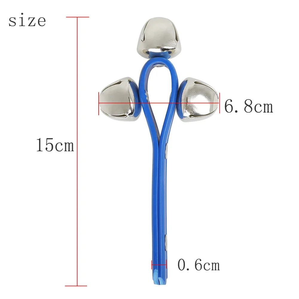 Blue plastic handle rattle bell tambourine with three shiny silver bells for percussion and party use