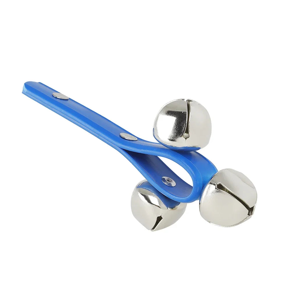 Blue plastic handle rattle bell tambourine with three shiny silver bells for percussion and party use