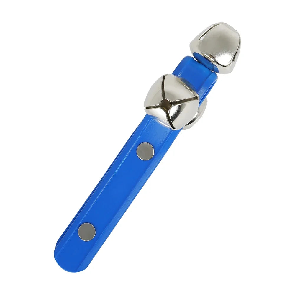 Blue plastic handle rattle bell tambourine with two silver bells for percussion musical instrument use