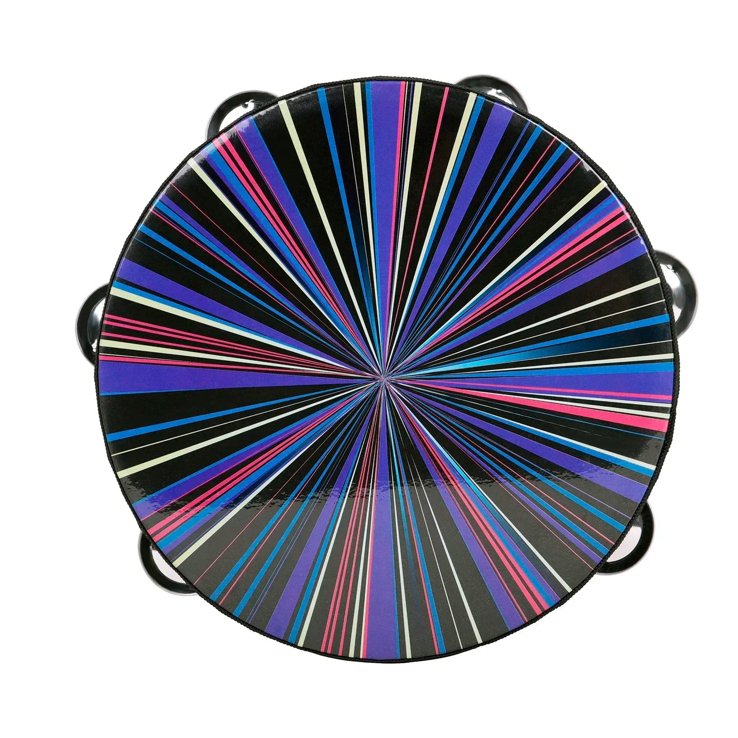 Vibrant rainbow-striped orff tambourine double row with black metallic jingles and glossy finish for hand drum children’s use