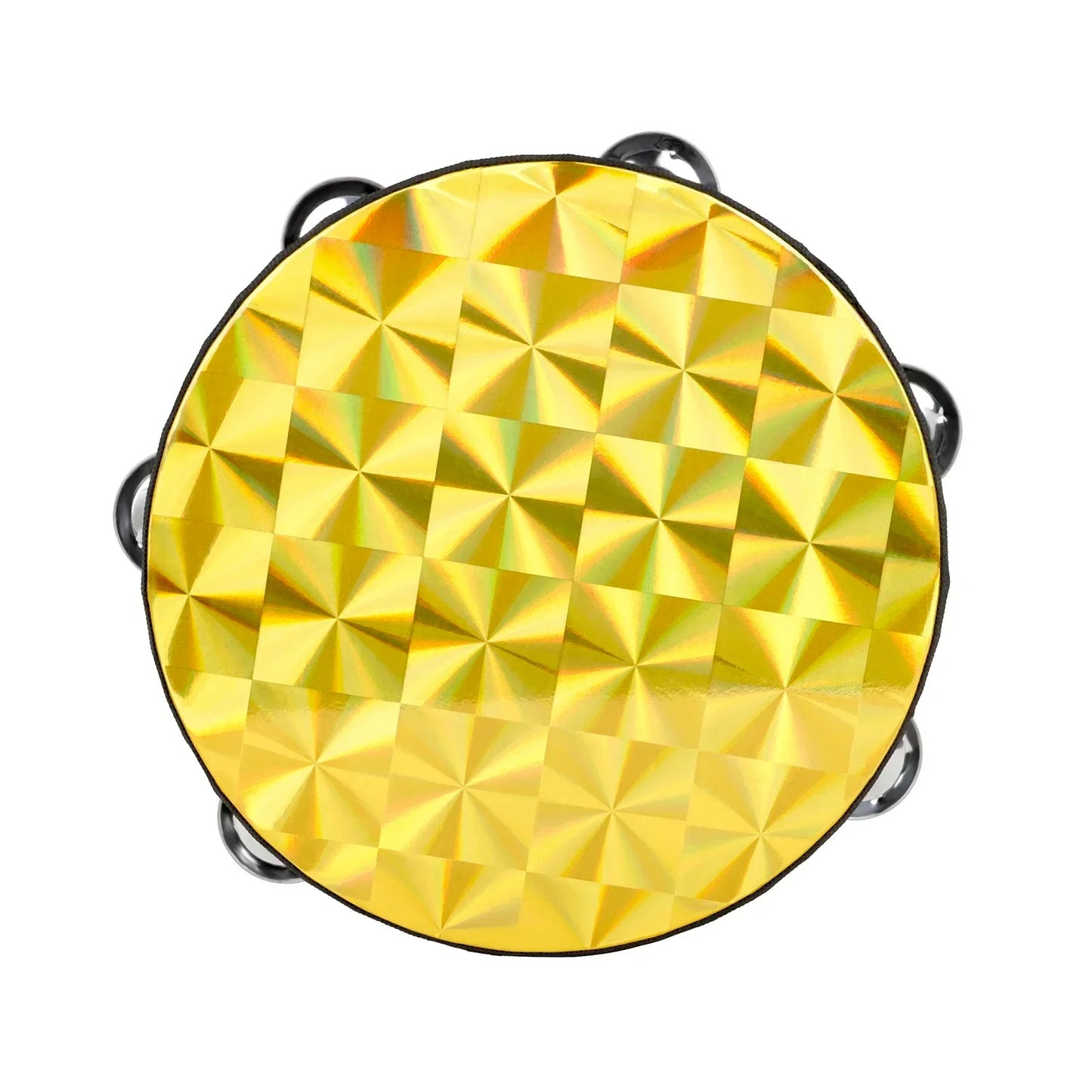 Shiny gold-colored orff tambourine double row with geometric pattern and black metal jingles for hand drum children’s use