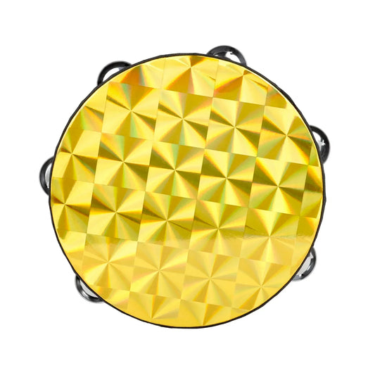 Shiny gold-colored orff tambourine double row with geometric pattern and black metal jingles for hand drum children’s use