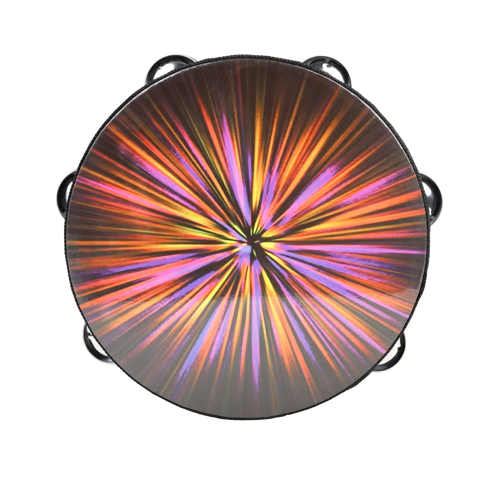 Vibrant holographic orff tambourine double row hand drum children’s 8 inch with black metal jingles and multicolored pattern