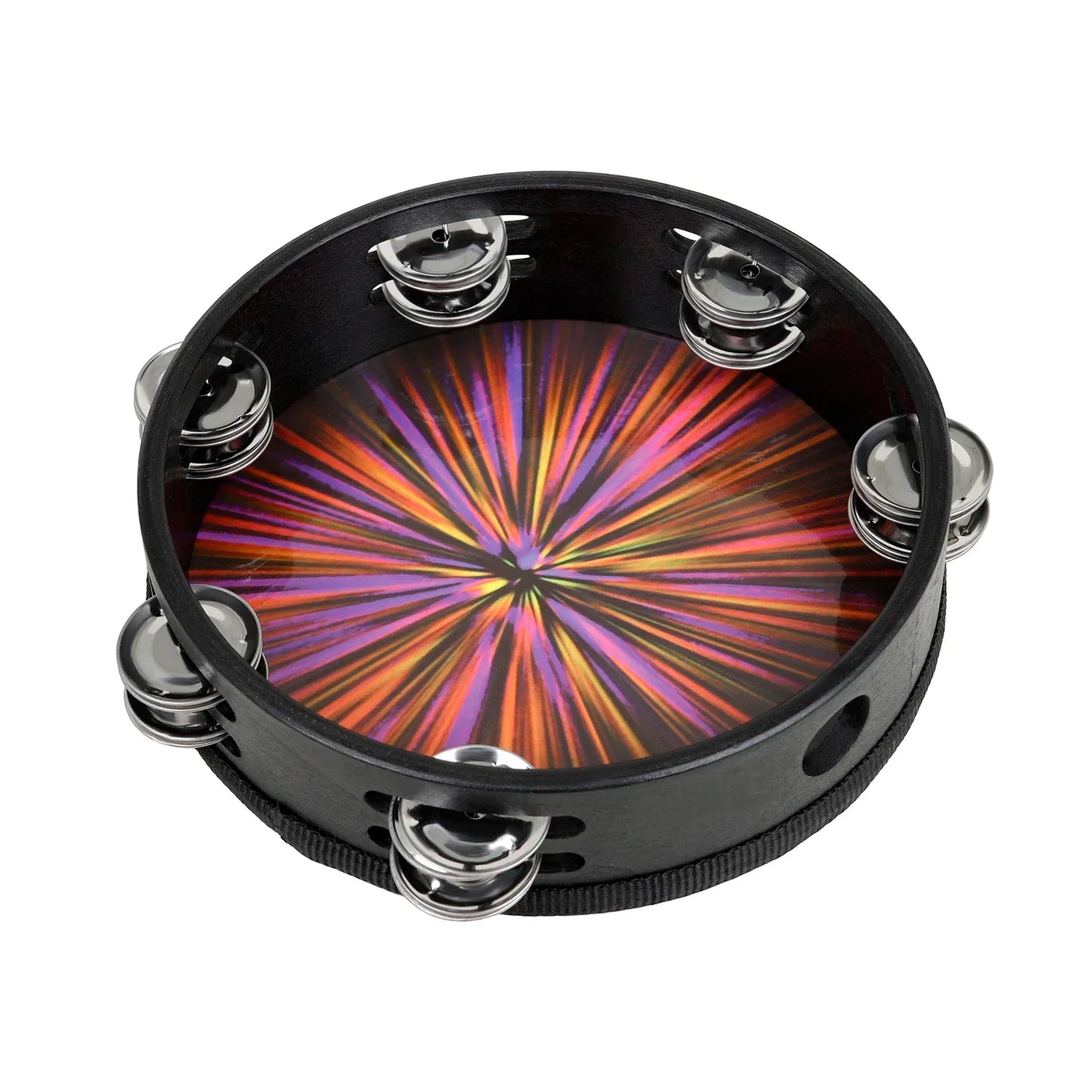 Black orff tambourine double row hand drum children’s instrument with iridescent rainbow pattern and silver jingles rim