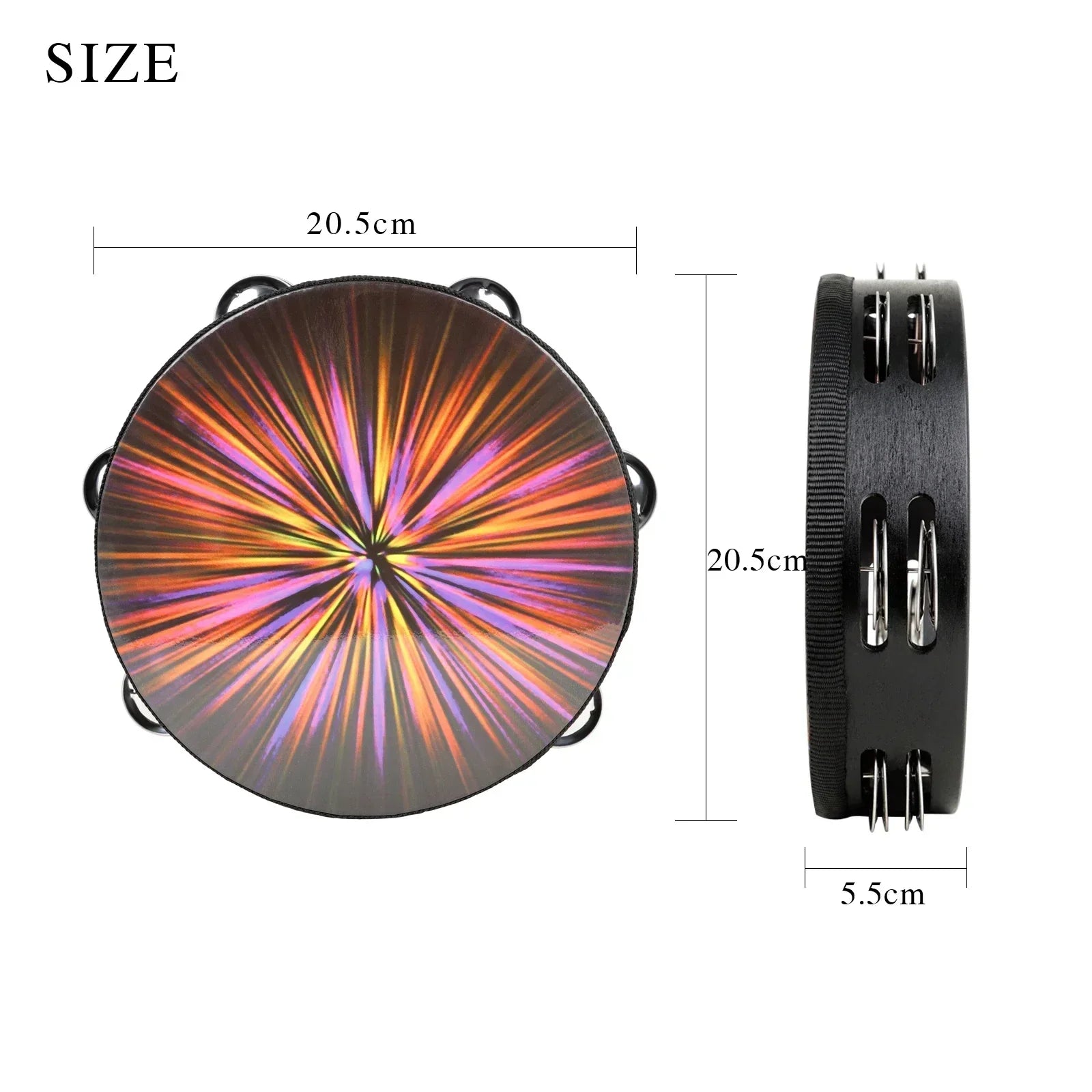 Orff tambourine double row 8 inch hand drum children’s colorful iridescent rainbow pattern with black metal jingles