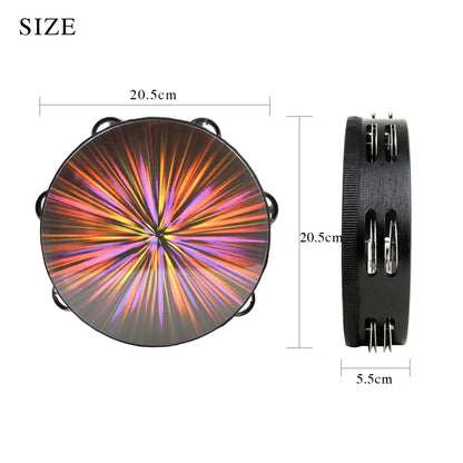 Orff tambourine double row 8 inch hand drum children’s colorful iridescent rainbow pattern with black metal jingles