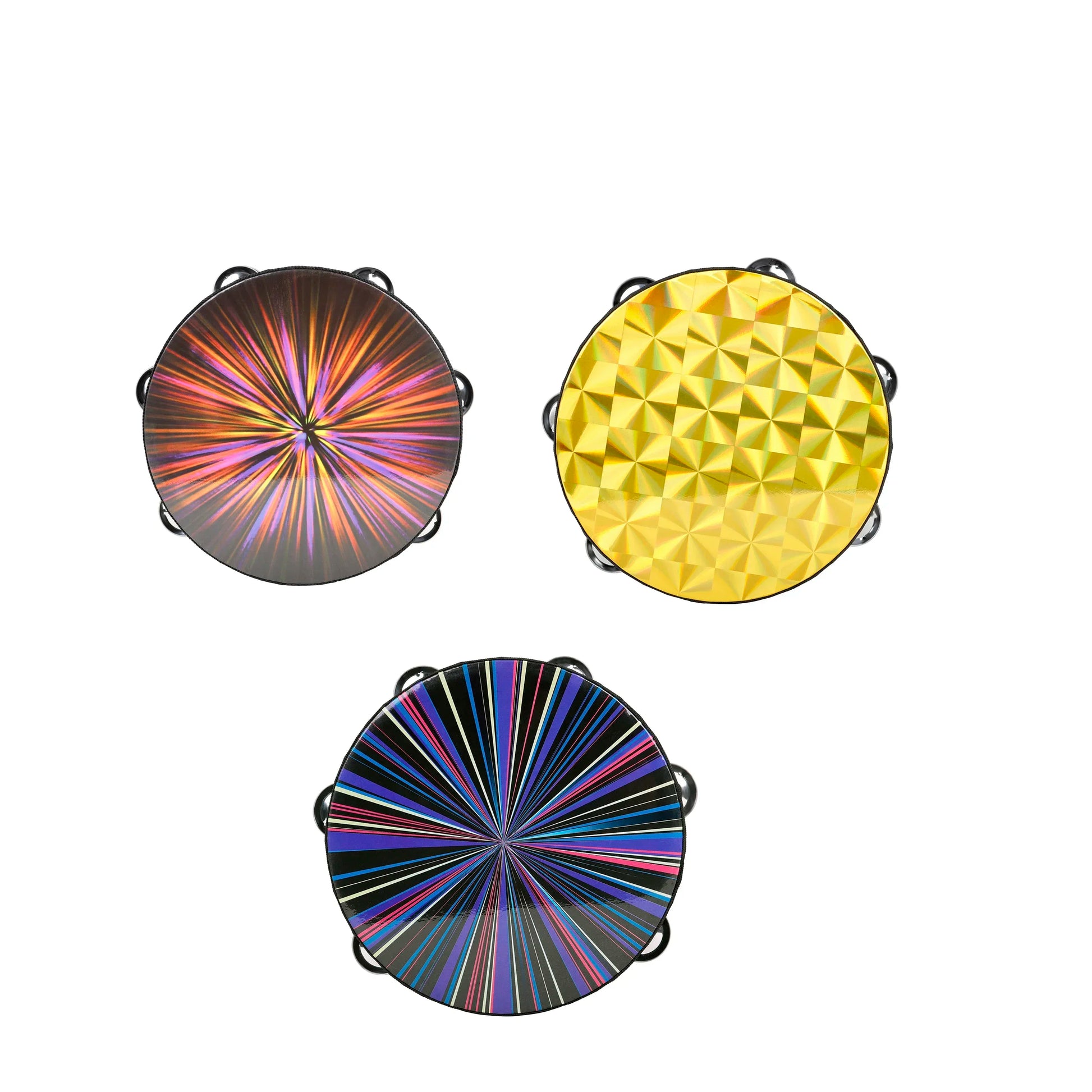 Three colorful orff tambourine double row 8 inch hand drum children’s percussion instruments with metallic frames and vibrant patterns