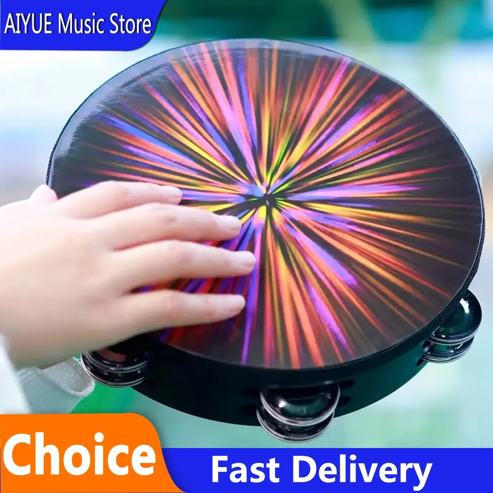 A vibrant orff tambourine double row hand drum children’s toy with black frame and colorful rainbow drumhead patterns