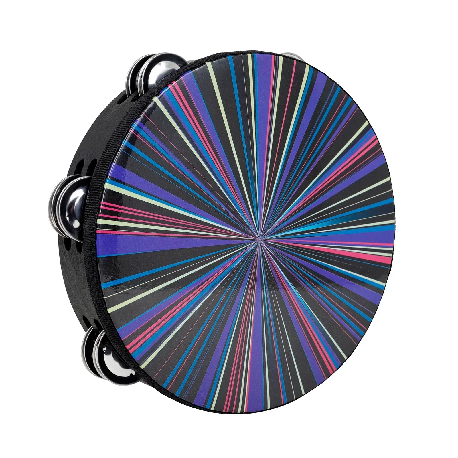 A vibrant orff tambourine double with a black frame, metallic jingles, and colorful radiant stripes for hand drum children’s use