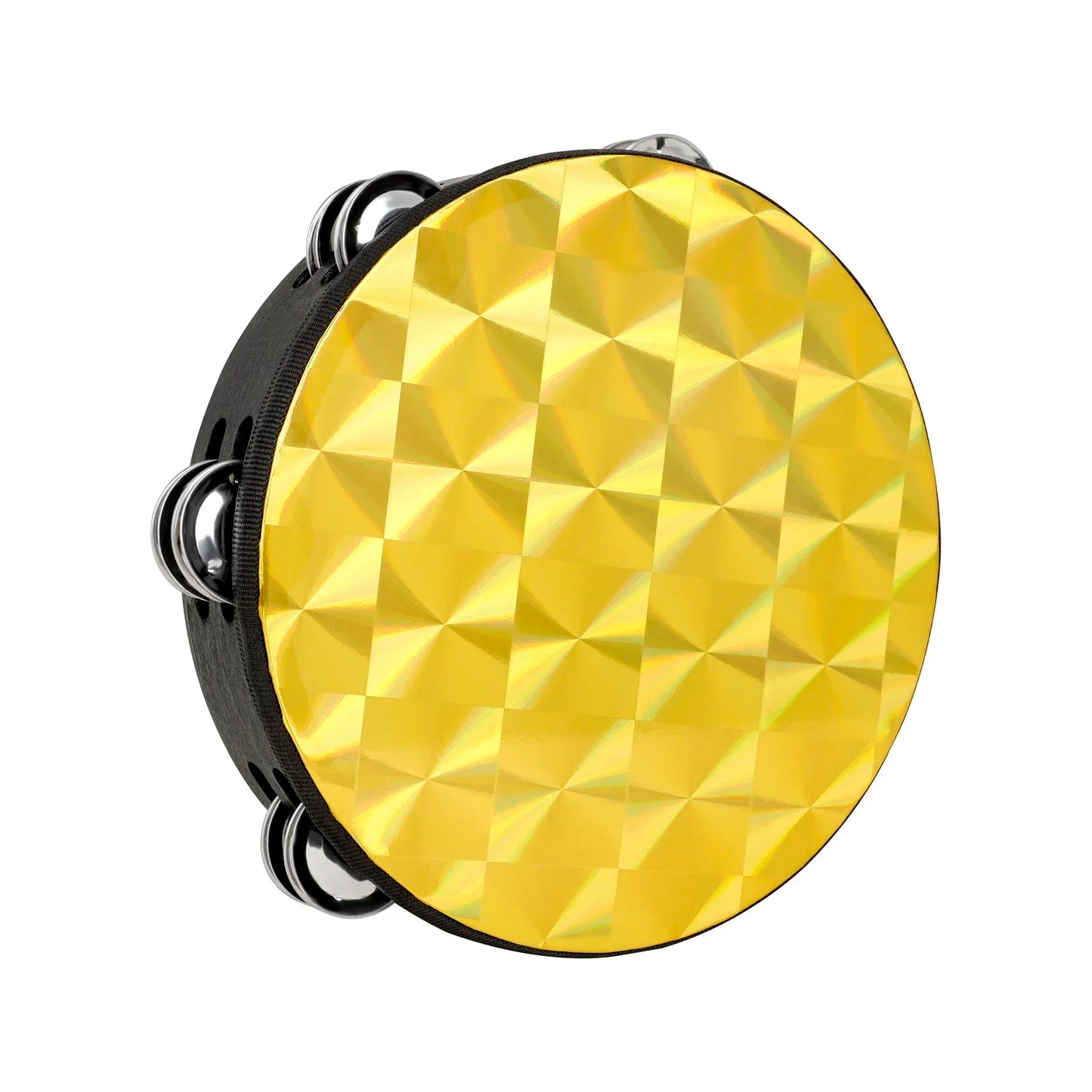 A vibrant yellow orff tambourine double row hand drum children’s toy with faceted design black rim and silver jingles