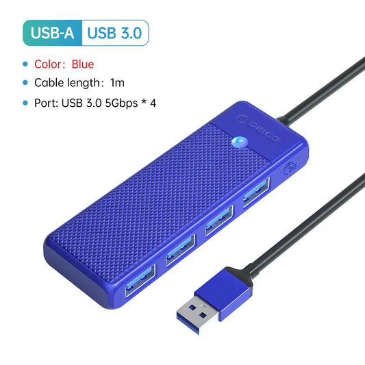 Blue orico usb hub 3.0 with four ports and textured surface designed for pc computer accessories and power supply expansion