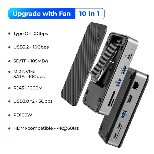 Silver and black ORICO usb c hub with integrated cooling fan and nvme sata ssd enclosure external 10gbps connectivity