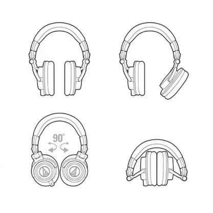 Line-art illustration of original audio technica ath m50x hifi over-ear foldable headphones with padded headband and circular earcups