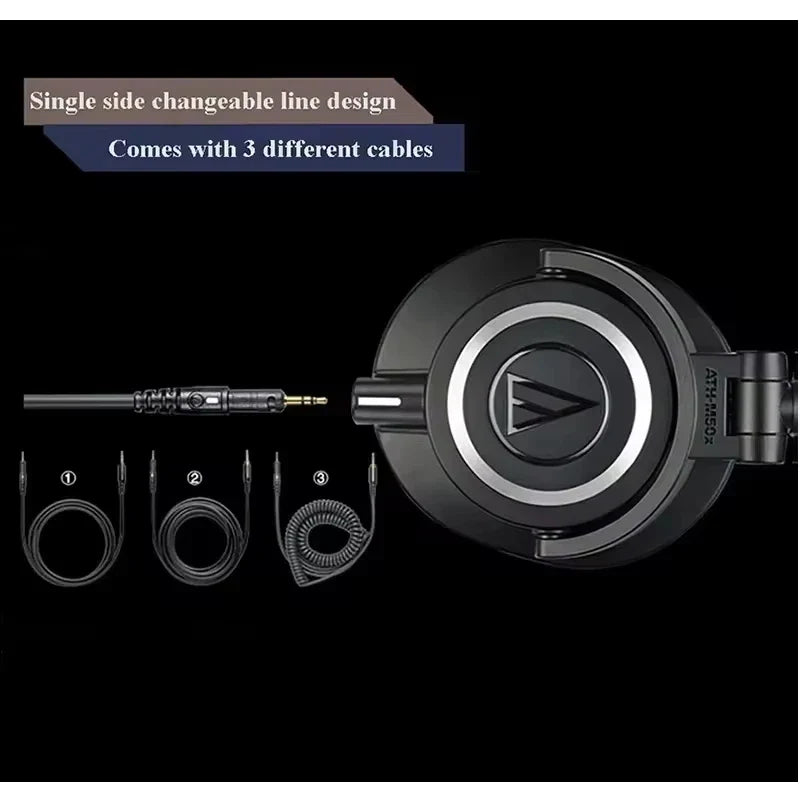 Black over-ear original audio technica ath m50x hifi earphones with silver logo and metallic accents for professional use