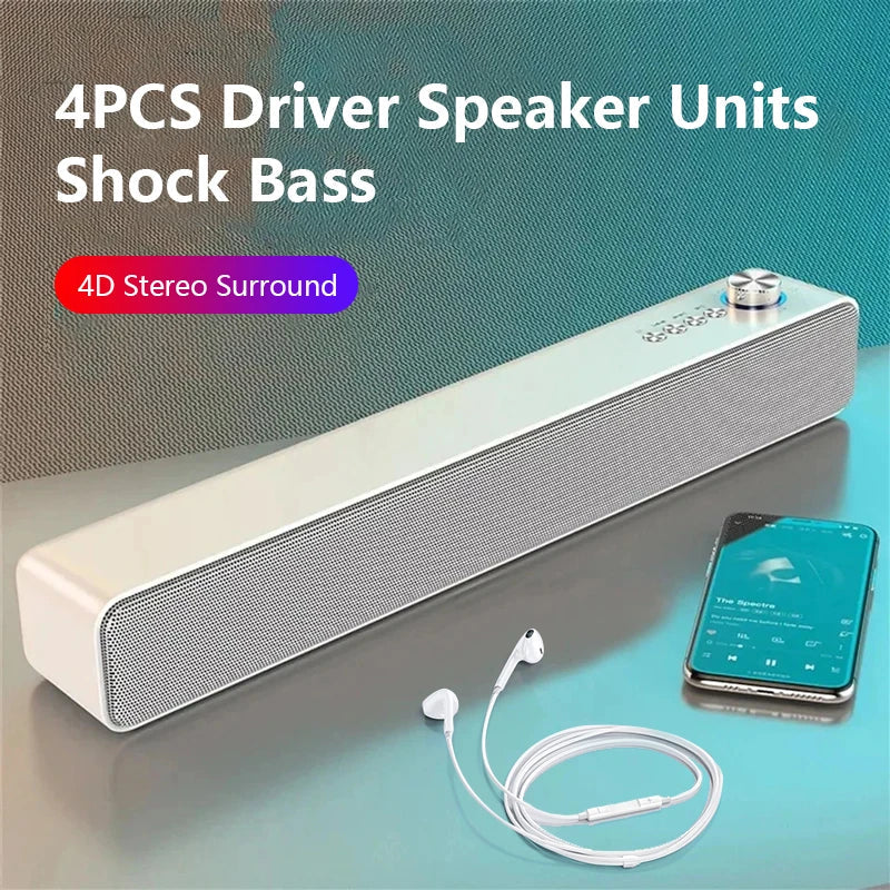 White original bluetooth subwoofer soundbar with silver mesh grille and metallic knob for theater music wireless echo wall computer use