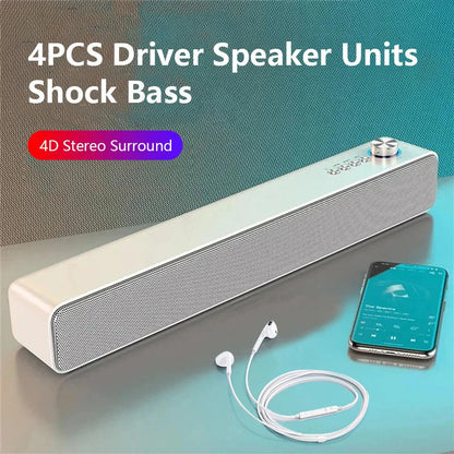White original bluetooth subwoofer soundbar with silver mesh grille and metallic knob for theater music wireless echo wall computer use