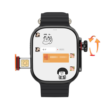 Black original cds9 ultra smartwatch with rectangular amoled screen, chat interface, sim card rotary slot, and camera google play