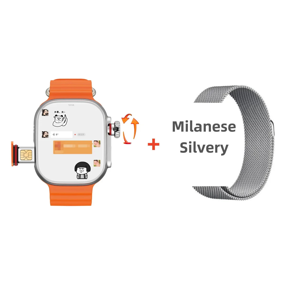 Orange silicone watch band and silver milanese link strap for original cds9 ultra smartwatch with sim card rotary camera amoled google features