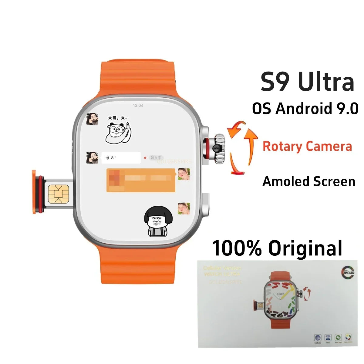 Original cds9 ultra smartwatch with orange silicone strap silver bezel and sim card rotary camera amoled google features