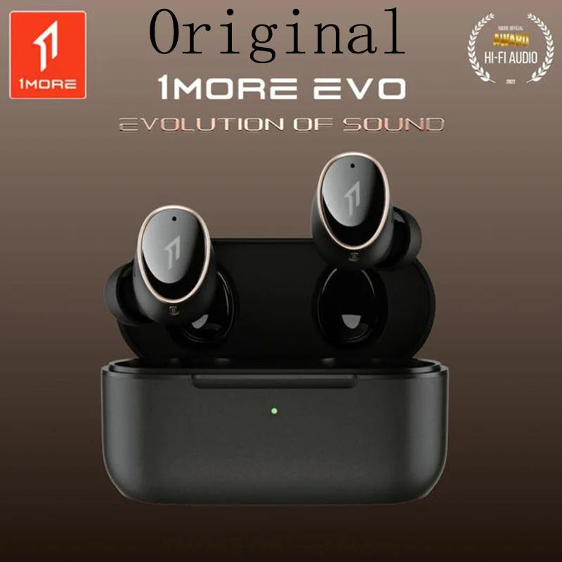 Black original evo soundid wireless earbuds with silver accents and matching charging case customn eq earbuds anc headphones