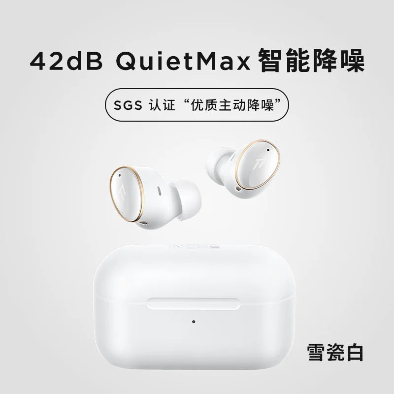 White ceramic original evo soundid customn eq earbuds anc headphones with gold accents and matching charging case
