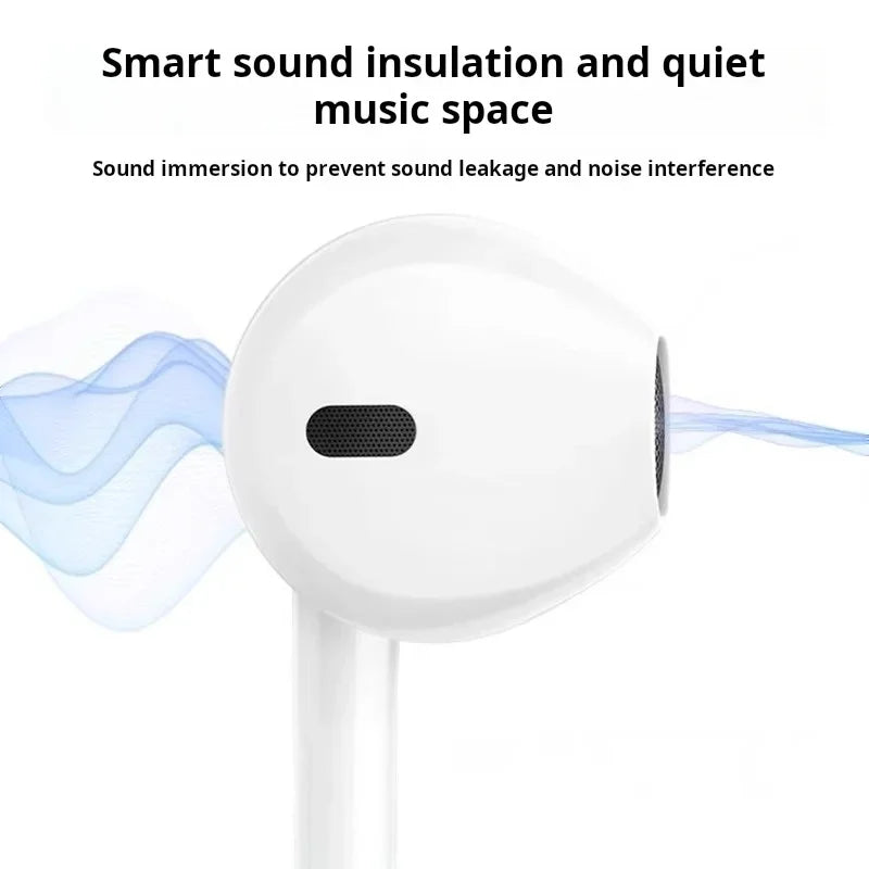 White wired earphones with sleek rounded design and black mesh grille original headphones for apple iphone models