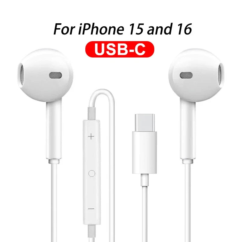 White original headphones wired earphones with usb-c cable and inline controls for apple iphone 15 and 16 models