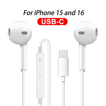 White original headphones wired earphones with usb-c cable and inline controls for apple iphone 15 and 16 models