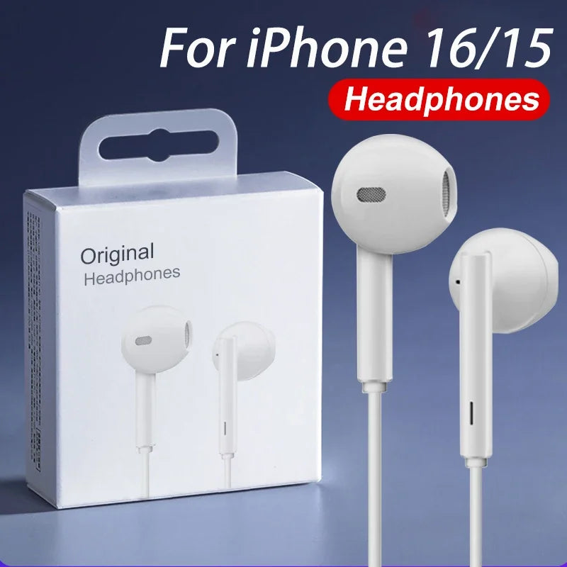 White original wired earphones for apple iphone with sleek design and soft silicone tips compatible with lightning usb-c and 3.5mm