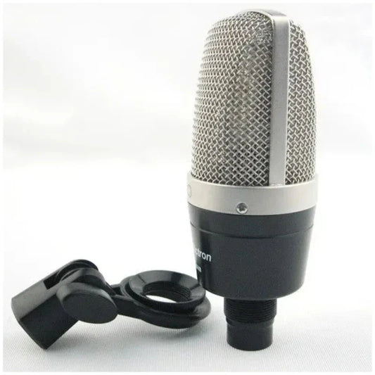 Black and silver alctron mc410 condenser microphone with mesh grille for professional recording studio use