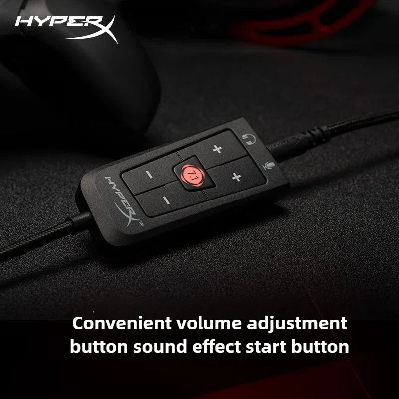 Black hyperx surround sound card audio control hub with red illuminated volume buttons for cloud ii gaming headset pc ps4