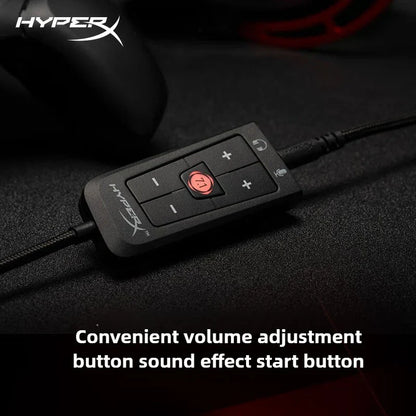 Black hyperx surround sound card audio control hub with red illuminated volume buttons for cloud ii gaming headset pc ps4