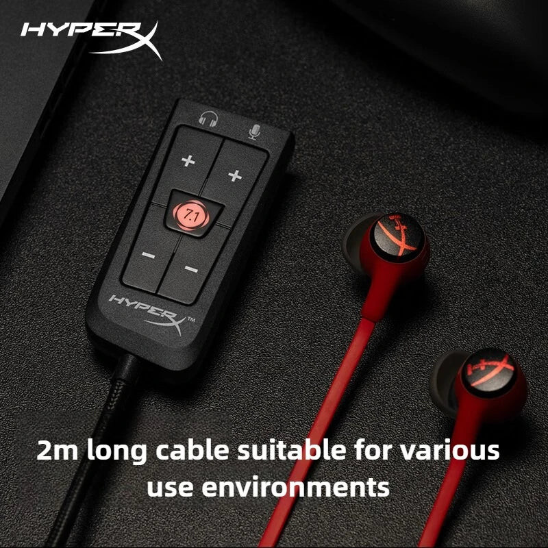 Red HyperX 7.1 surround sound card with black accents and illuminated controls for Cloud II gaming headset PC PS4 Xbox