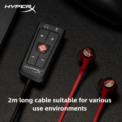 Red HyperX 7.1 surround sound card with black accents and illuminated controls for Cloud II gaming headset PC PS4 Xbox