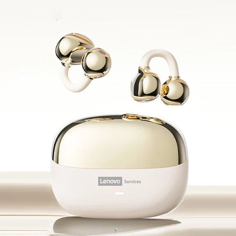 Original lenovo le302 ear clip earbuds in glossy white with gold accents and sleek charging case bluetooth earphones hifi sound