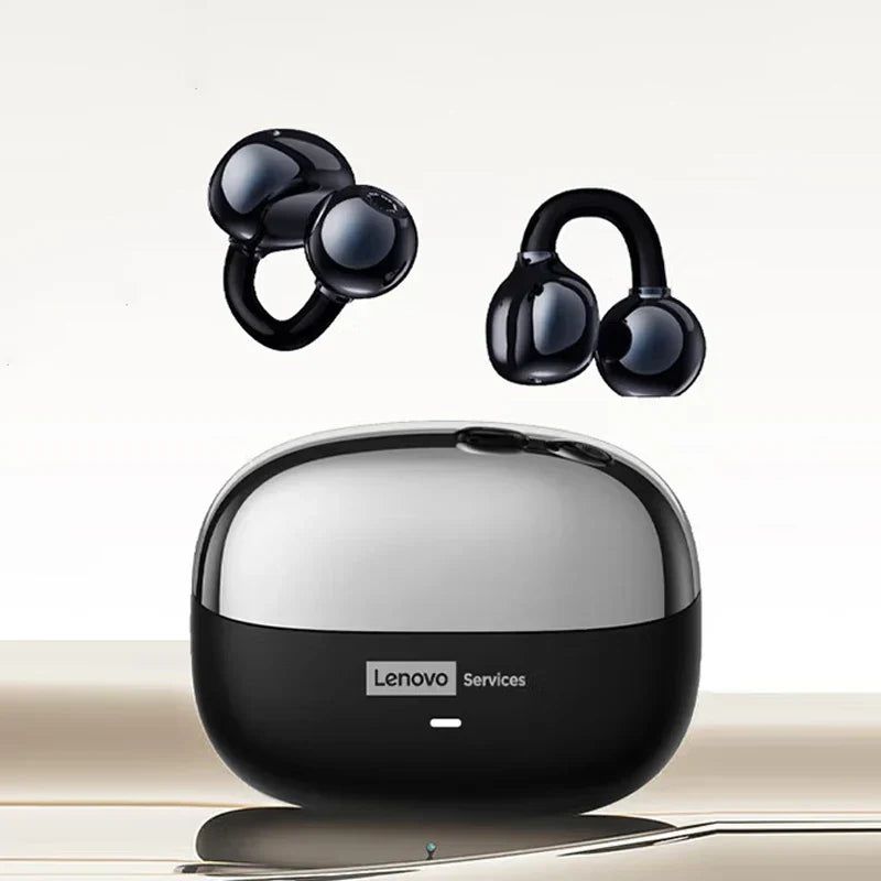 Original lenovo le302 black ear clip earbuds with glossy finish and bluetooth earphones hifi above silver charging case