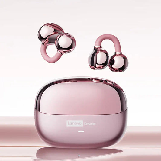 Original lenovo le302 pink metallic ear clip earbuds with glossy design and matching charging case for bluetooth earphones hifi sound