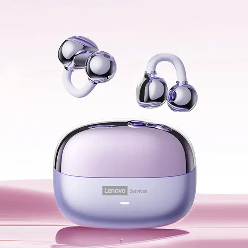 Lavender and chrome-finished original Lenovo LE302 ear clip earbuds in a sleek rounded charging case for sports use