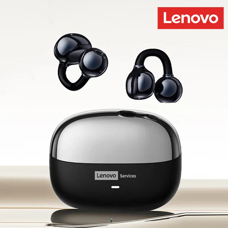 Black original lenovo le302 bluetooth earphones hifi ear clip earbuds with glossy finish and charging case