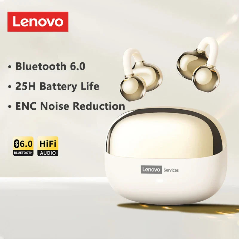 Original lenovo le302 ear clip earbuds with metallic gold and white accents in a sleek oval charging case for hifi sound bluetooth earphones