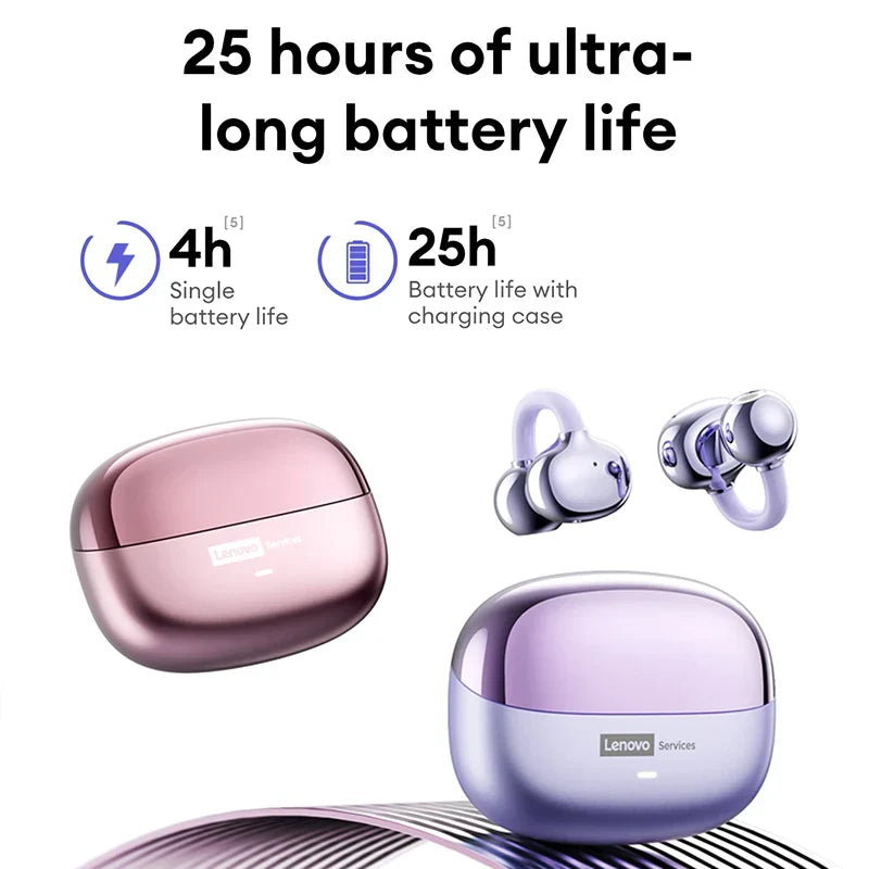 Original lenovo le302 pink and lavender metallic-finish ear clip earbuds with bluetooth earphones hifi sound and charging cases