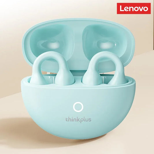 Light blue lenovo thinkplus nasal dilator set in matching charging case shown with lenovo lp25 headphones deep bass and enc noise reduction